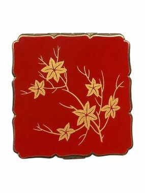 Vintage Stratton England Red Enamel Compact Mirror with Gold Maple Leaf Design